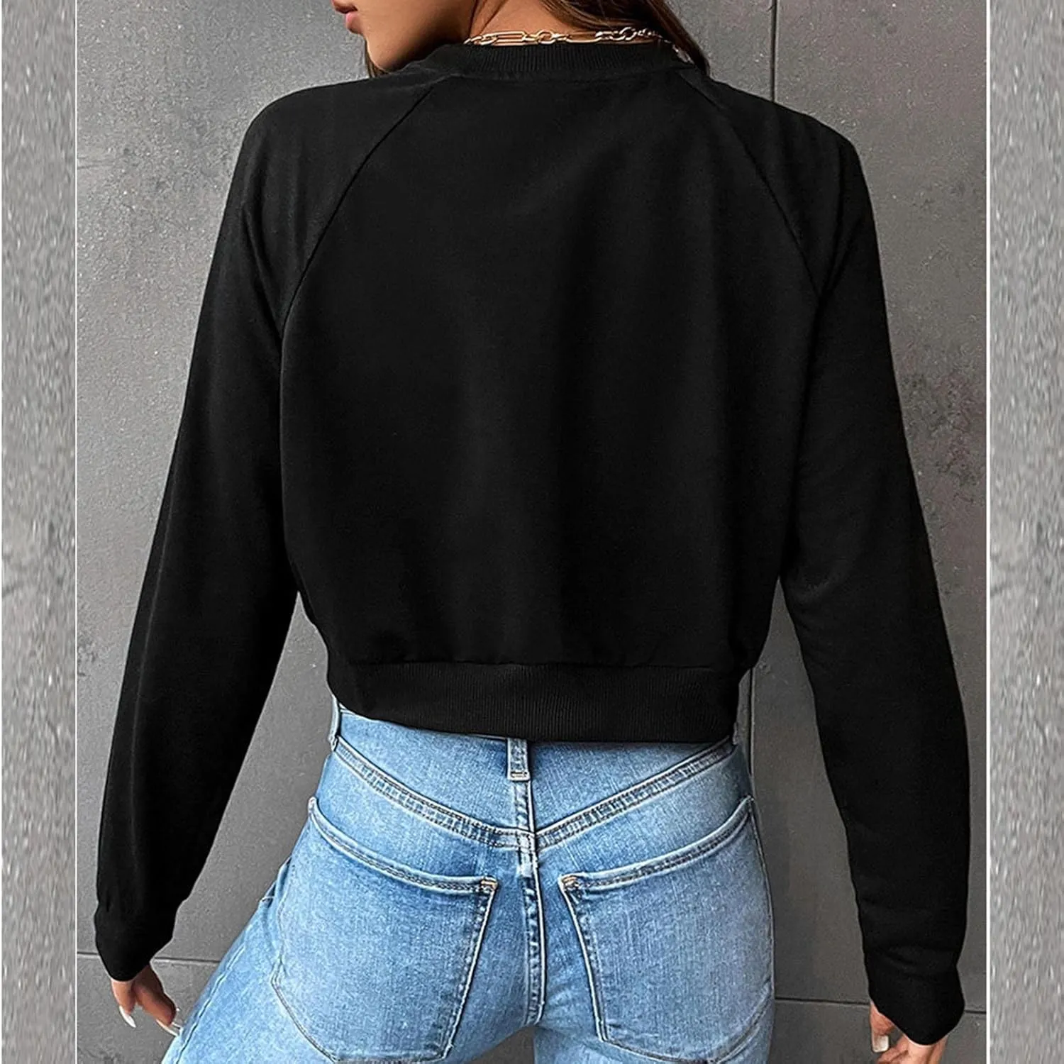 Women Cropped Sweatshirt Trendy Cozy Loose Fit Crewneck Solid Color Pullover Lightweight Long Sleeve Sweatshirt