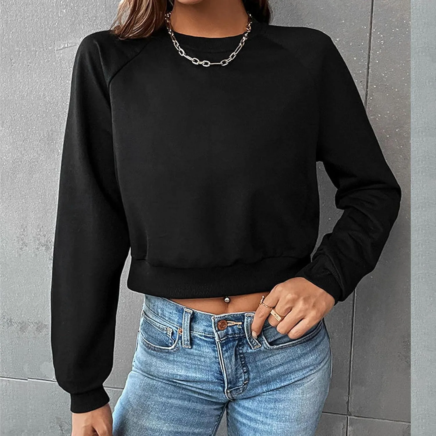 Women Cropped Sweatshirt Trendy Cozy Loose Fit Crewneck Solid Color Pullover Lightweight Long Sleeve Sweatshirt
