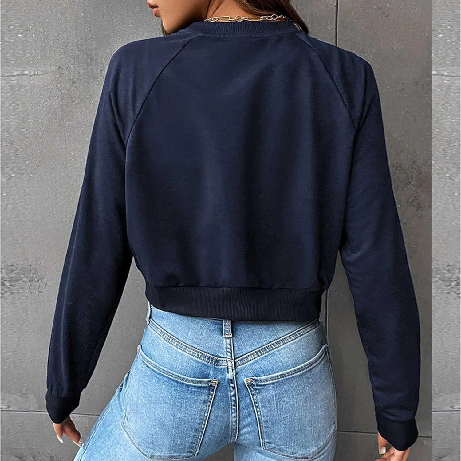 Women Cropped Sweatshirt Trendy Cozy Loose Fit Crewneck Solid Color Pullover Lightweight Long Sleeve Sweatshirt
