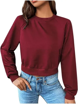 Women Cropped Sweatshirt Trendy Cozy Loose Fit Crewneck Solid Color Pullover Lightweight Long Sleeve Sweatshirt