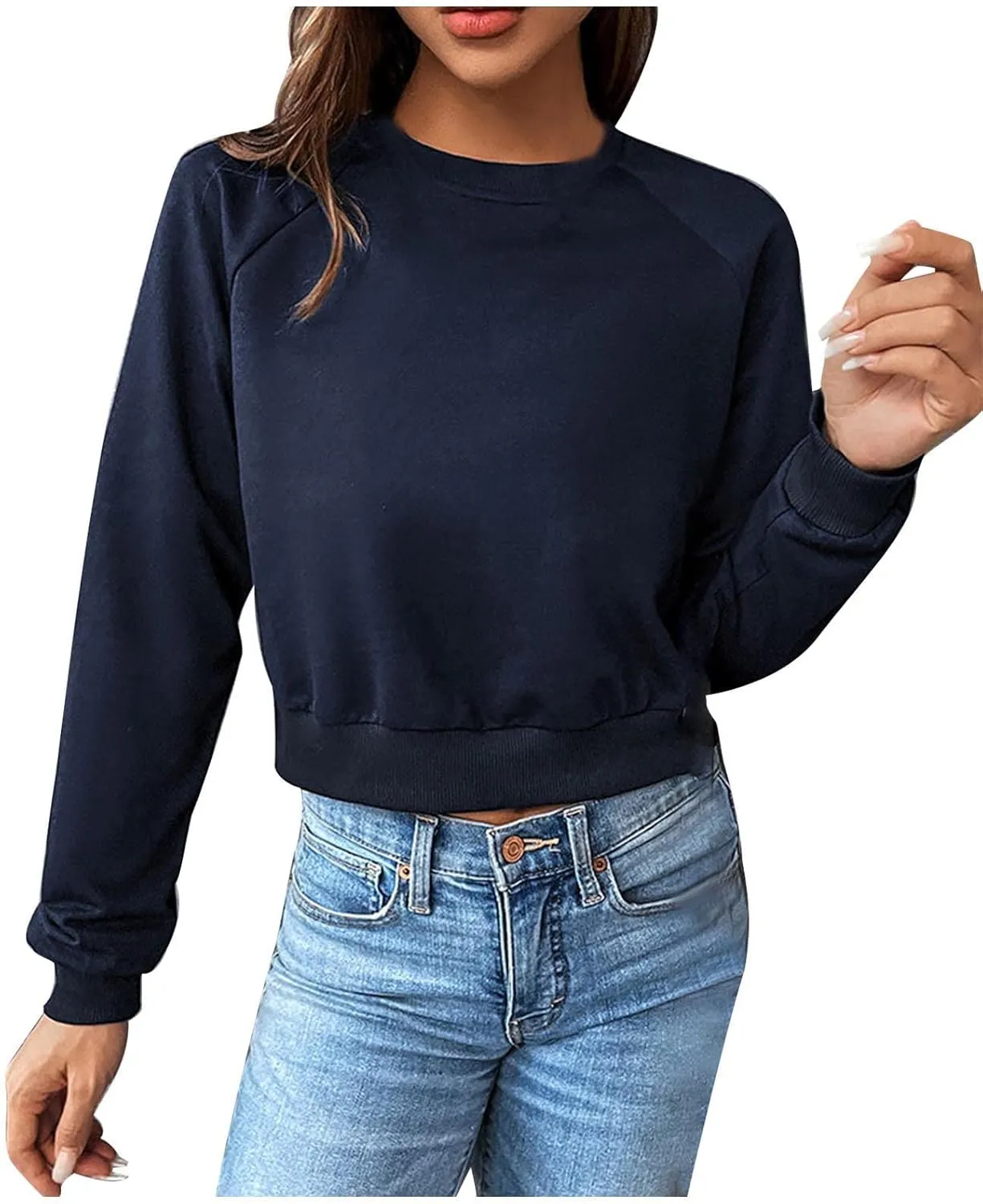 Women Cropped Sweatshirt Trendy Cozy Loose Fit Crewneck Solid Color Pullover Lightweight Long Sleeve Sweatshirt