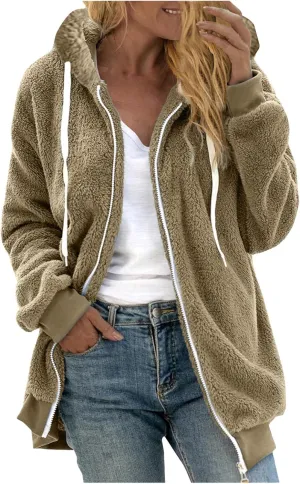 Women Fuzzy Hoodie Zip Up Fleece Jacket Long Sleeve Colorblock Sweatshirt Oversized Fluffy Coat Fall Winter Outerwear