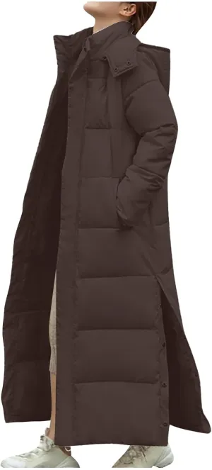 Women Long Quilted Puffer Coat Hooded Maxi Length Long Sleeve down Jacket Padded Coat Outerwear with Side Button Hem