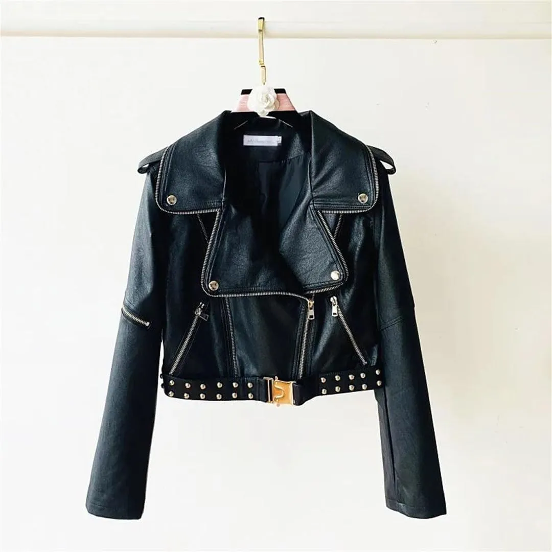 Women Motorcycle Short Leather Jacket Leather Jackets Coats