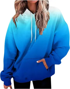 Women Oversized Hoodies&Sweatshirt,Fashion Gradient/Floral Pattern Drawstring Hooded Pullover Tops Fall Clothes