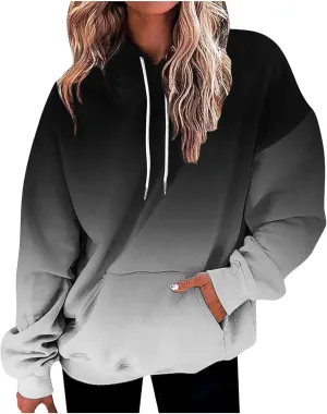 Women Oversized Hoodies&Sweatshirt,Fashion Gradient/Floral Pattern Drawstring Hooded Pullover Tops Fall Clothes