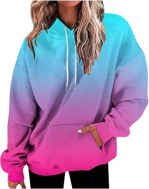 Women Oversized Hoodies&Sweatshirt,Fashion Gradient/Floral Pattern Drawstring Hooded Pullover Tops Fall Clothes