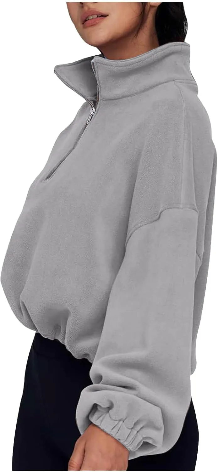 Women Quarter Zip Pullover Cropped Sweatshirts Fashion Teen Girls Y2k Fleece Fall Outfits Clothes Casual Sweatshirts