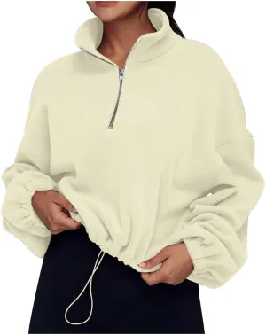 Women Quarter Zip Pullover Cropped Sweatshirts Fashion Teen Girls Y2k Fleece Fall Outfits Clothes Casual Sweatshirts