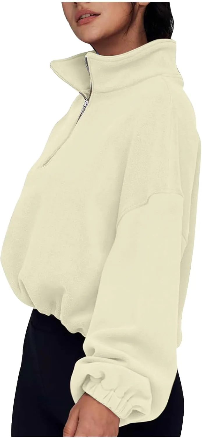 Women Quarter Zip Pullover Cropped Sweatshirts Fashion Teen Girls Y2k Fleece Fall Outfits Clothes Casual Sweatshirts