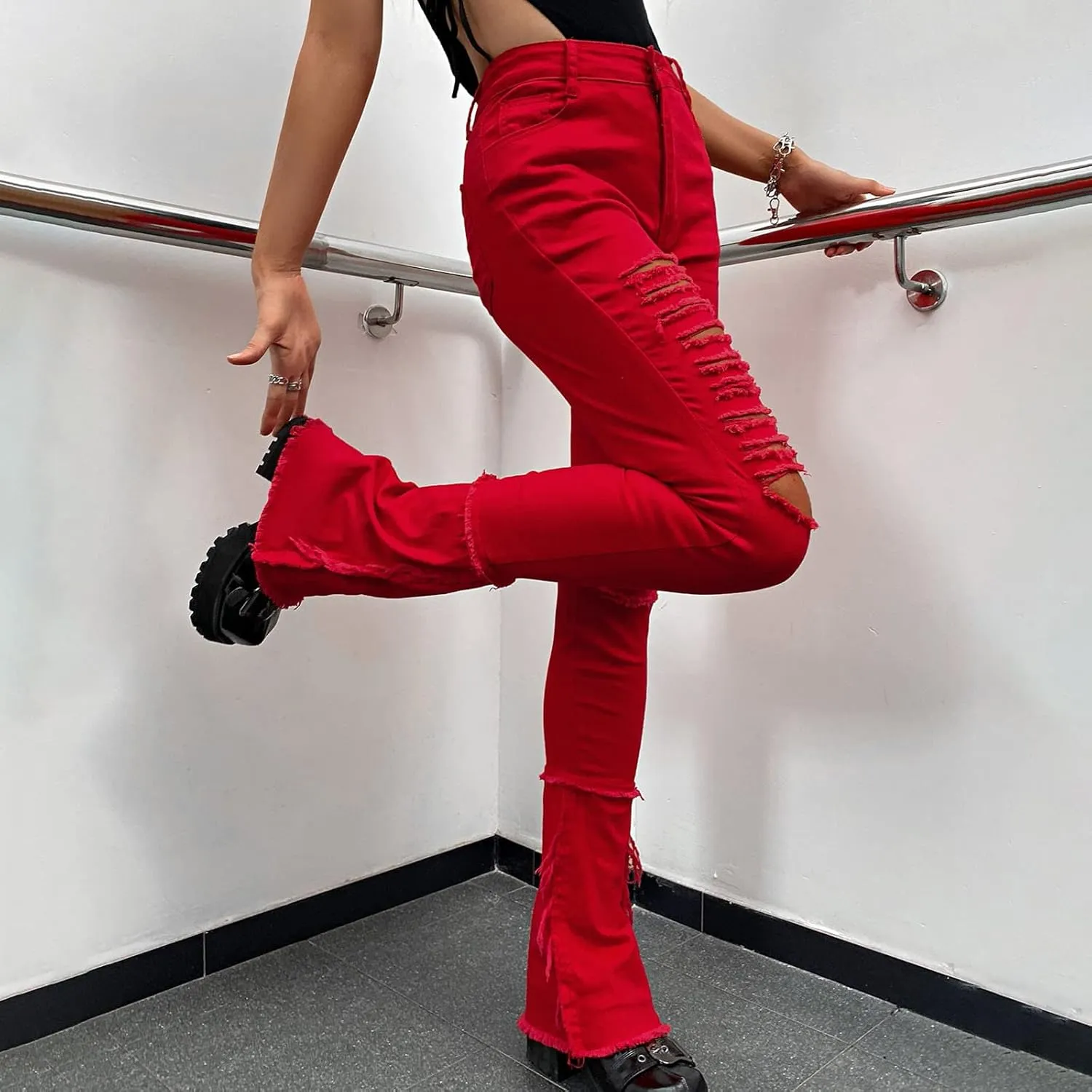 Women Ripped Jeans Raw Hem Stacked Pants Skinny Stretchy Denim Pants Y2K Jeans Bootcut Jeans Skinny Jeans