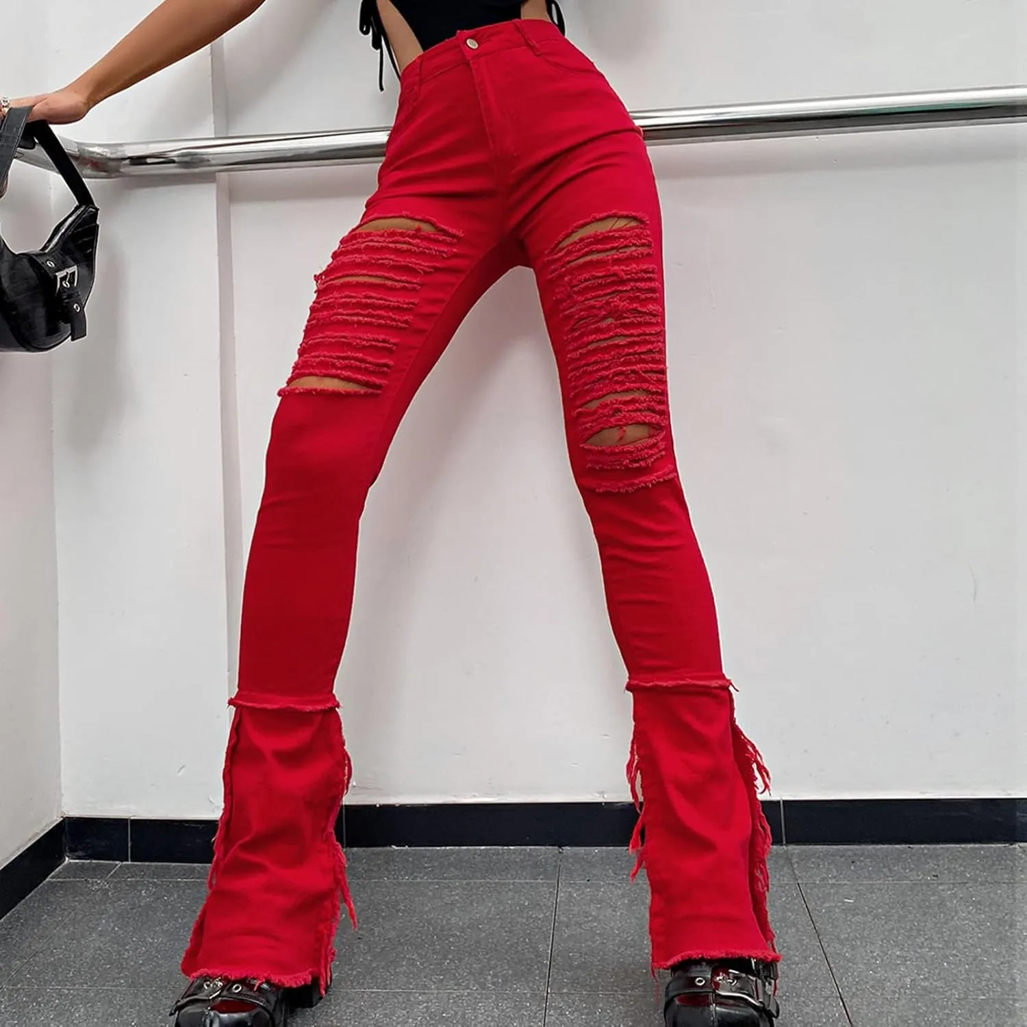 Women Ripped Jeans Raw Hem Stacked Pants Skinny Stretchy Denim Pants Y2K Jeans Bootcut Jeans Skinny Jeans