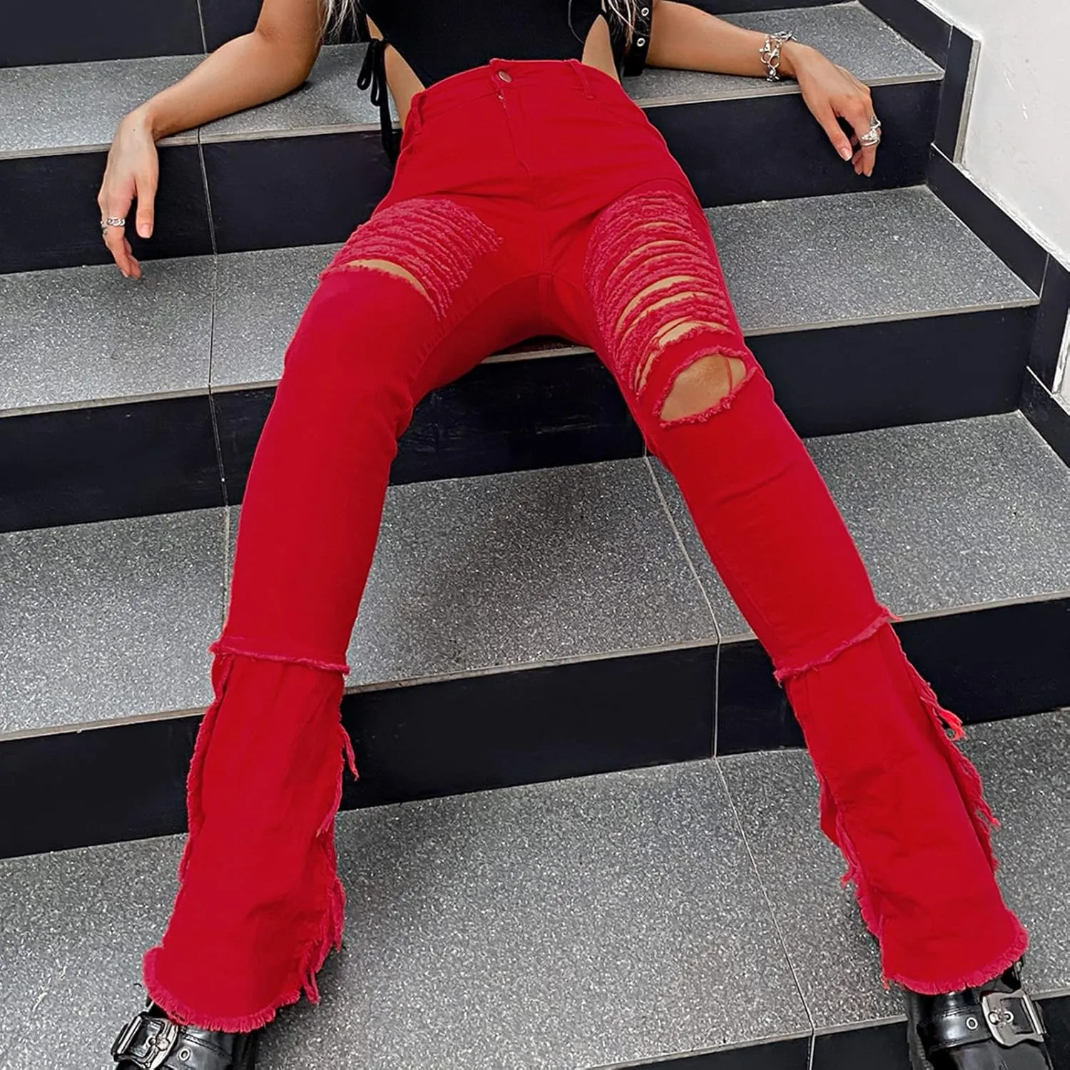 Women Ripped Jeans Raw Hem Stacked Pants Skinny Stretchy Denim Pants Y2K Jeans Bootcut Jeans Skinny Jeans