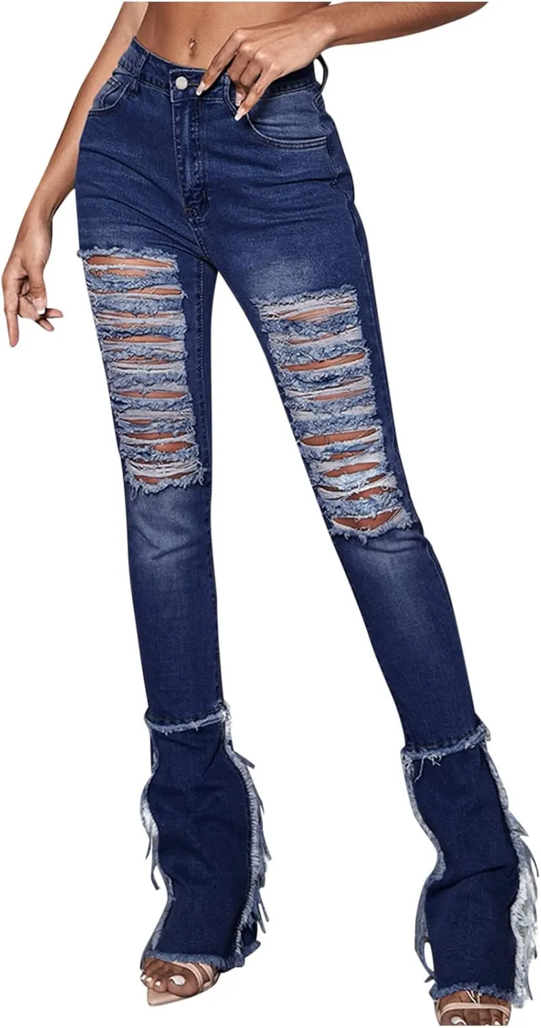 Women Ripped Jeans Raw Hem Stacked Pants Skinny Stretchy Denim Pants Y2K Jeans Bootcut Jeans Skinny Jeans