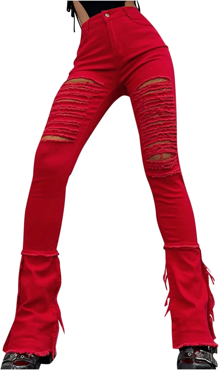 Women Ripped Jeans Raw Hem Stacked Pants Skinny Stretchy Denim Pants Y2K Jeans Bootcut Jeans Skinny Jeans