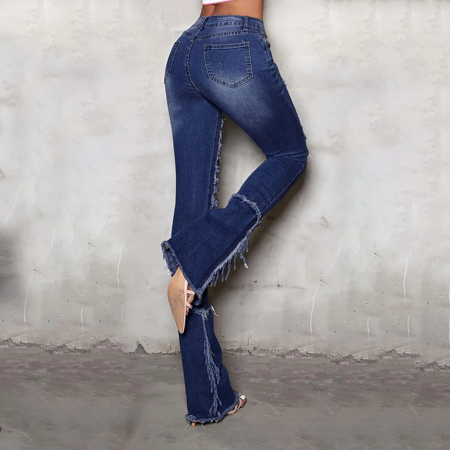 Women Ripped Jeans Raw Hem Stacked Pants Skinny Stretchy Denim Pants Y2K Jeans Bootcut Jeans Skinny Jeans