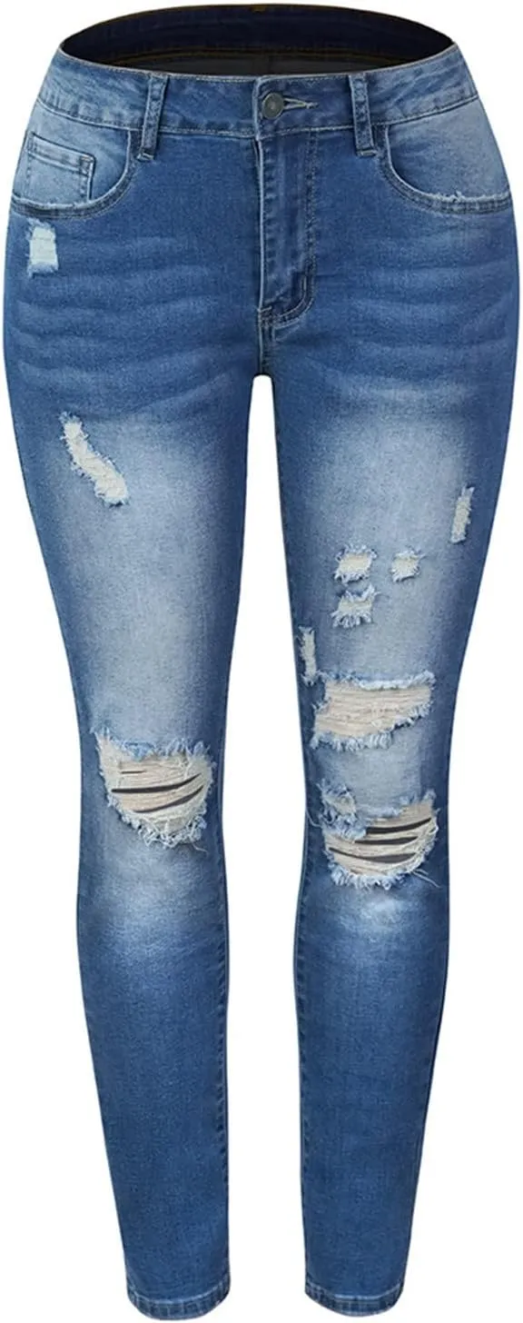 Women Skinny Ankle Length Denim Pants Distressed Ribbed Slim Shaping High Waisted Jeans Mid Rise Curvy Washed Stretch Pants