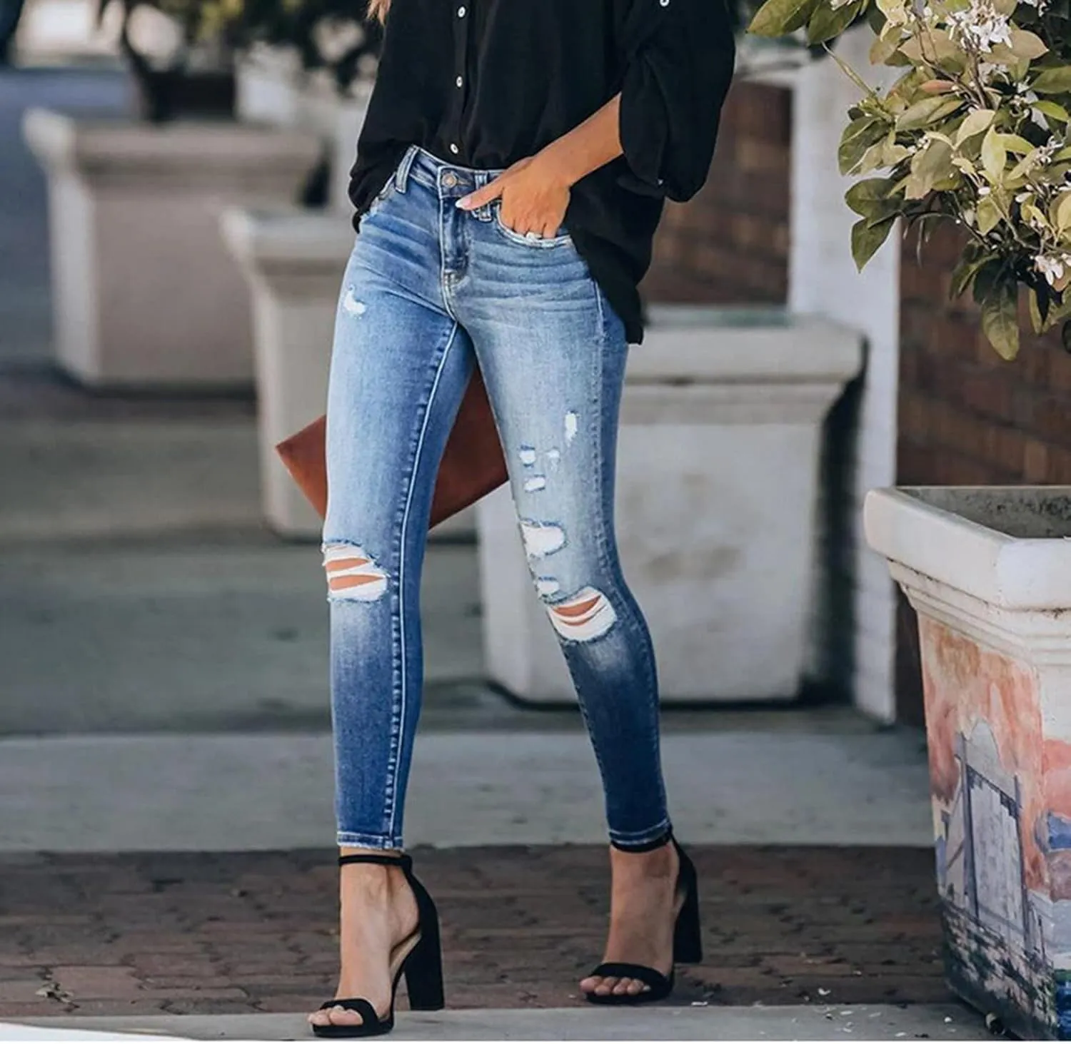 Women Skinny Ankle Length Denim Pants Distressed Ribbed Slim Shaping High Waisted Jeans Mid Rise Curvy Washed Stretch Pants