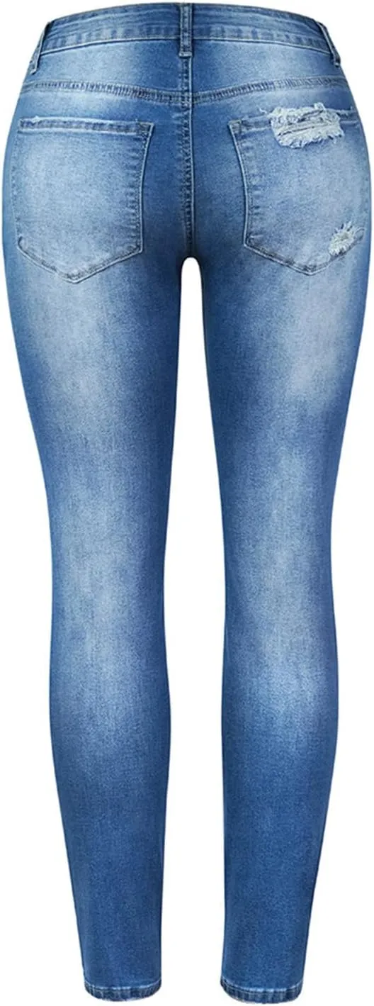 Women Skinny Ankle Length Denim Pants Distressed Ribbed Slim Shaping High Waisted Jeans Mid Rise Curvy Washed Stretch Pants