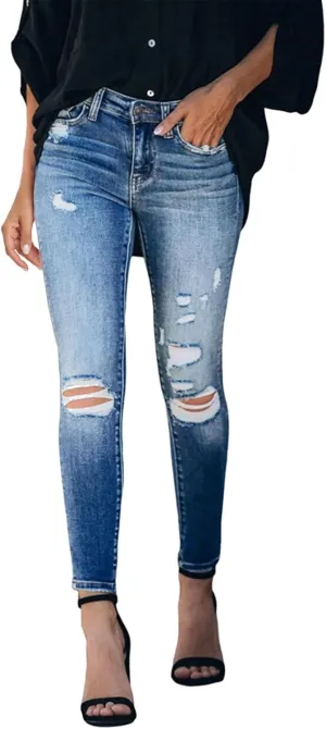 Women Skinny Ankle Length Denim Pants Distressed Ribbed Slim Shaping High Waisted Jeans Mid Rise Curvy Washed Stretch Pants