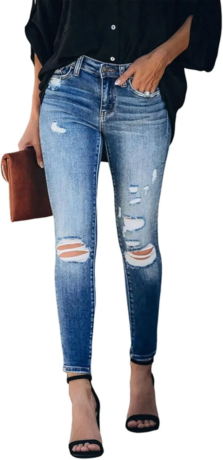 Women Skinny Ankle Length Denim Pants Distressed Ribbed Slim Shaping High Waisted Jeans Mid Rise Curvy Washed Stretch Pants