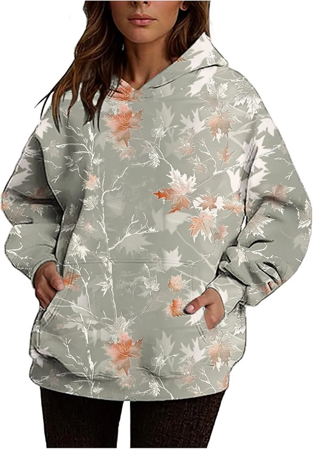 Women Vintage Camo Hoodie Maple Leaf Print Winter Fleece Sweatshirt Casual Long Sleeve Pullover with Kangaroo Pocket