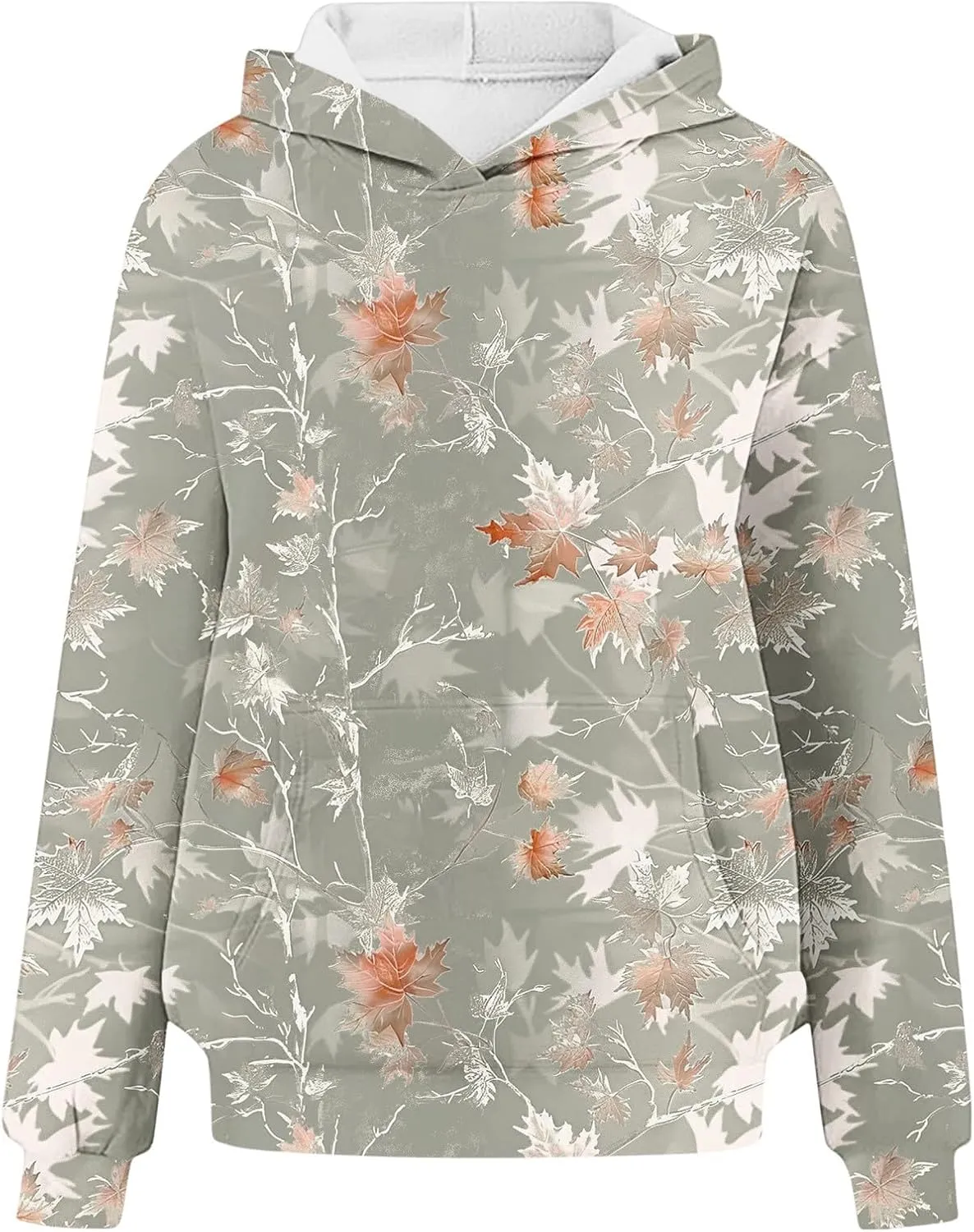 Women Vintage Camo Hoodie Maple Leaf Print Winter Fleece Sweatshirt Casual Long Sleeve Pullover with Kangaroo Pocket