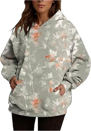 Women Vintage Camo Hoodie Maple Leaf Print Winter Fleece Sweatshirt Casual Long Sleeve Pullover with Kangaroo Pocket
