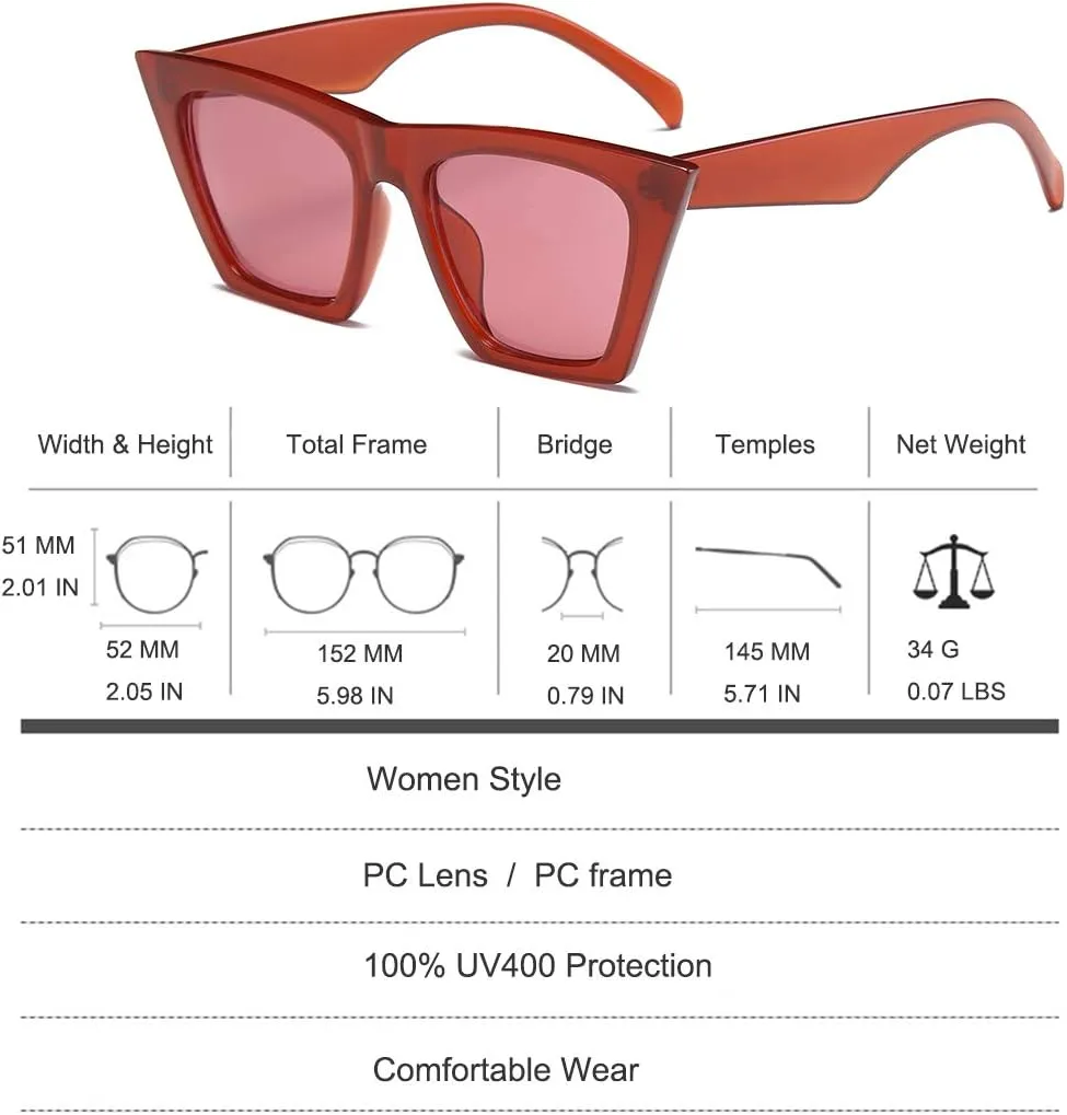 Women Vintage Square Lens Cat Eye Sunglasses Trendy Cateye Frame Eyewear UV400