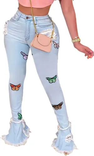 Women's Bell Bottom Jeans Destoryed Ripped Flare Jeans Elastic Waist Raw Hem Denim Pants
