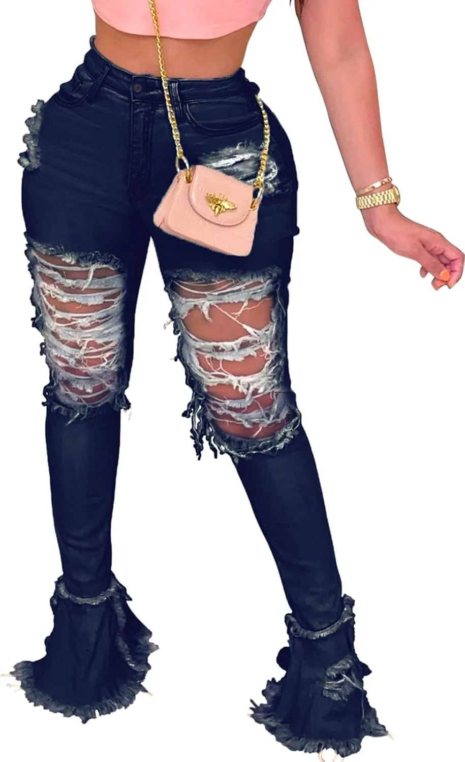 Women's Bell Bottom Jeans Destoryed Ripped Flare Jeans Elastic Waist Raw Hem Denim Pants