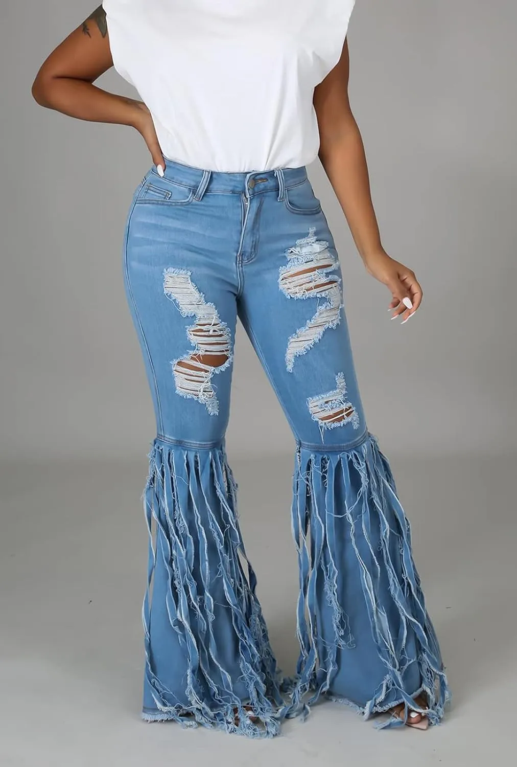 Women's Bell Bottom Jeans Destoryed Ripped Flare Jeans Elastic Waist Raw Hem Denim Pants