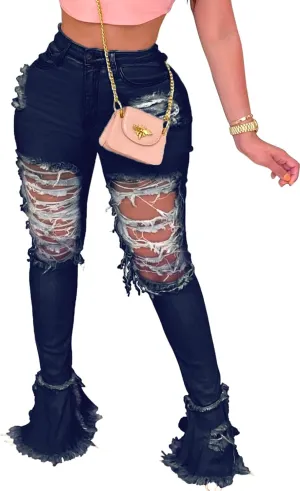 Women's Bell Bottom Jeans Destoryed Ripped Flare Jeans Elastic Waist Raw Hem Denim Pants