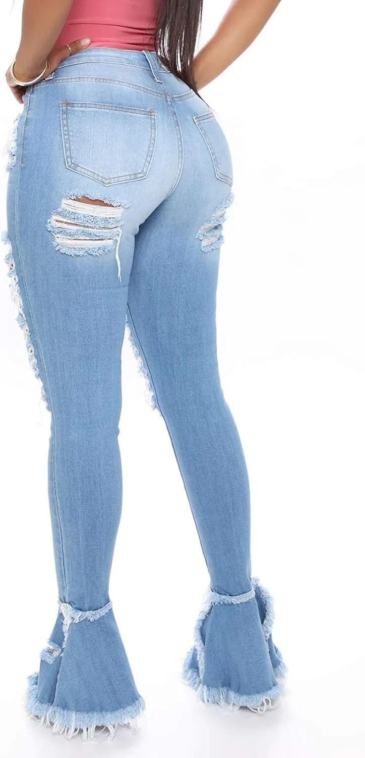 Women's Bell Bottom Jeans Destoryed Ripped Flare Jeans Elastic Waist Raw Hem Denim Pants