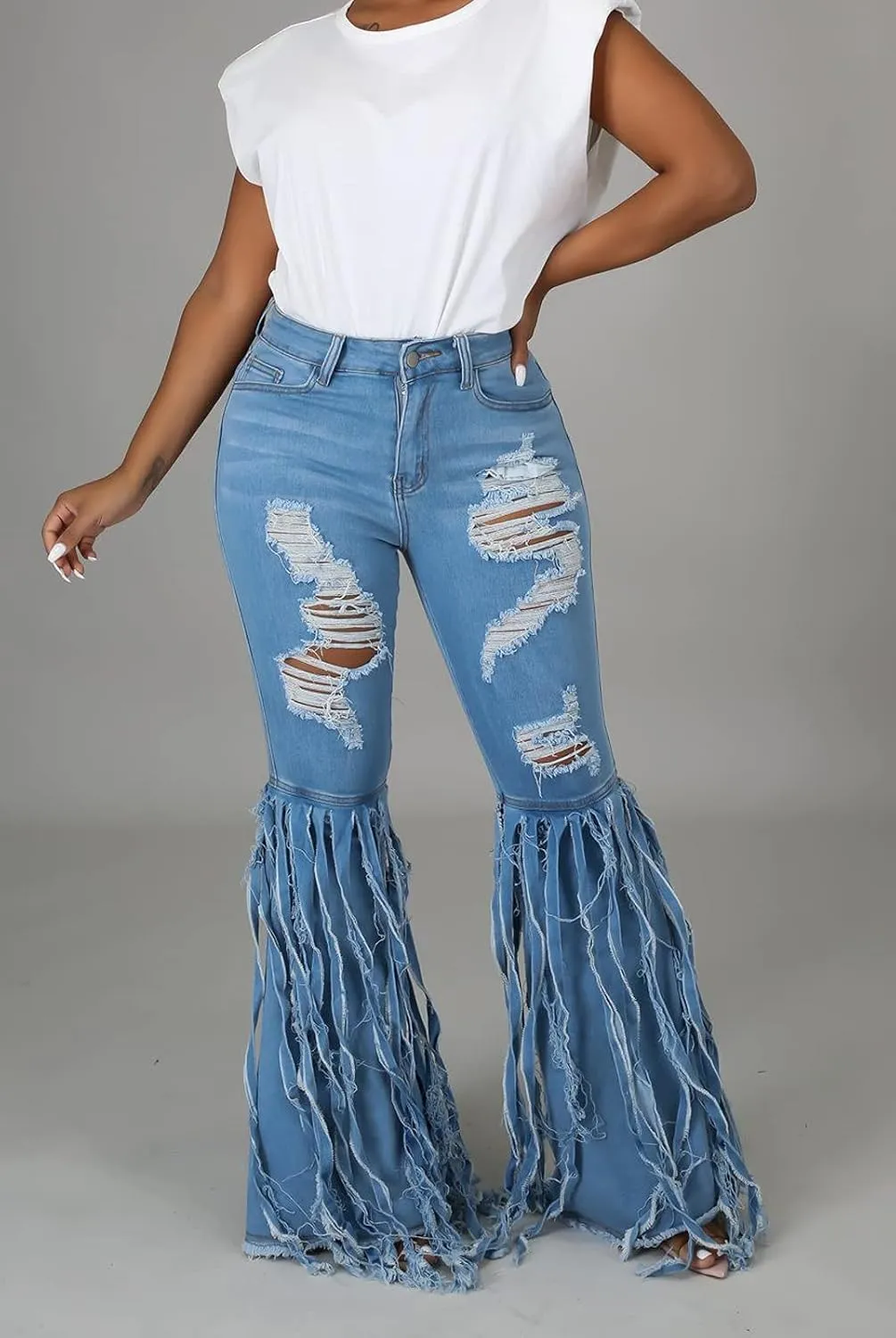 Women's Bell Bottom Jeans Destoryed Ripped Flare Jeans Elastic Waist Raw Hem Denim Pants