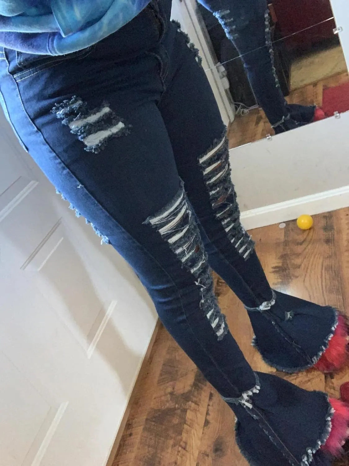 Women's Bell Bottom Jeans Destoryed Ripped Flare Jeans Elastic Waist Raw Hem Denim Pants