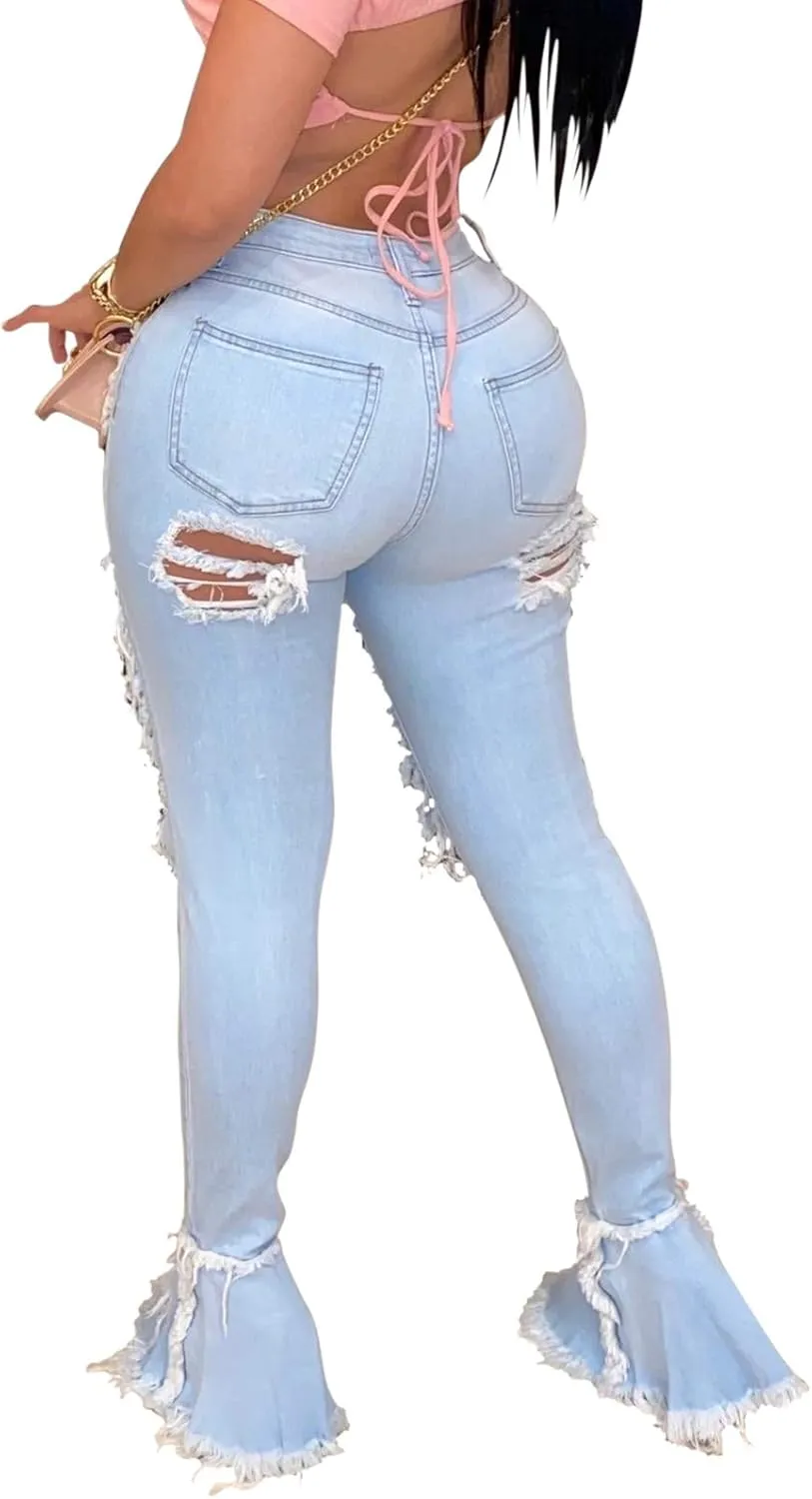 Women's Bell Bottom Jeans Destoryed Ripped Flare Jeans Elastic Waist Raw Hem Denim Pants