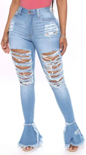 Women's Bell Bottom Jeans Destoryed Ripped Flare Jeans Elastic Waist Raw Hem Denim Pants