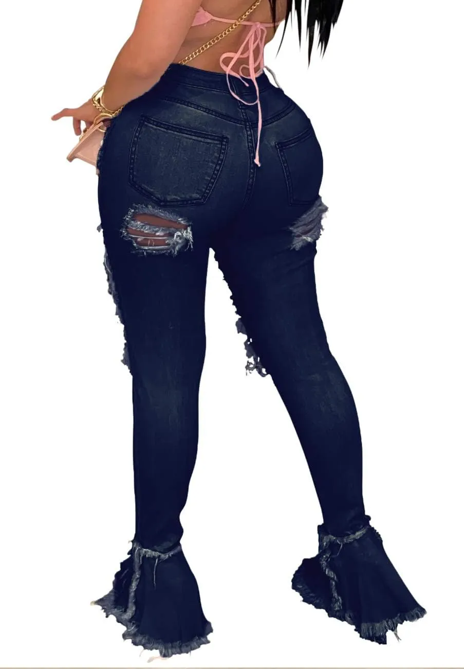 Women's Bell Bottom Jeans Destoryed Ripped Flare Jeans Elastic Waist Raw Hem Denim Pants