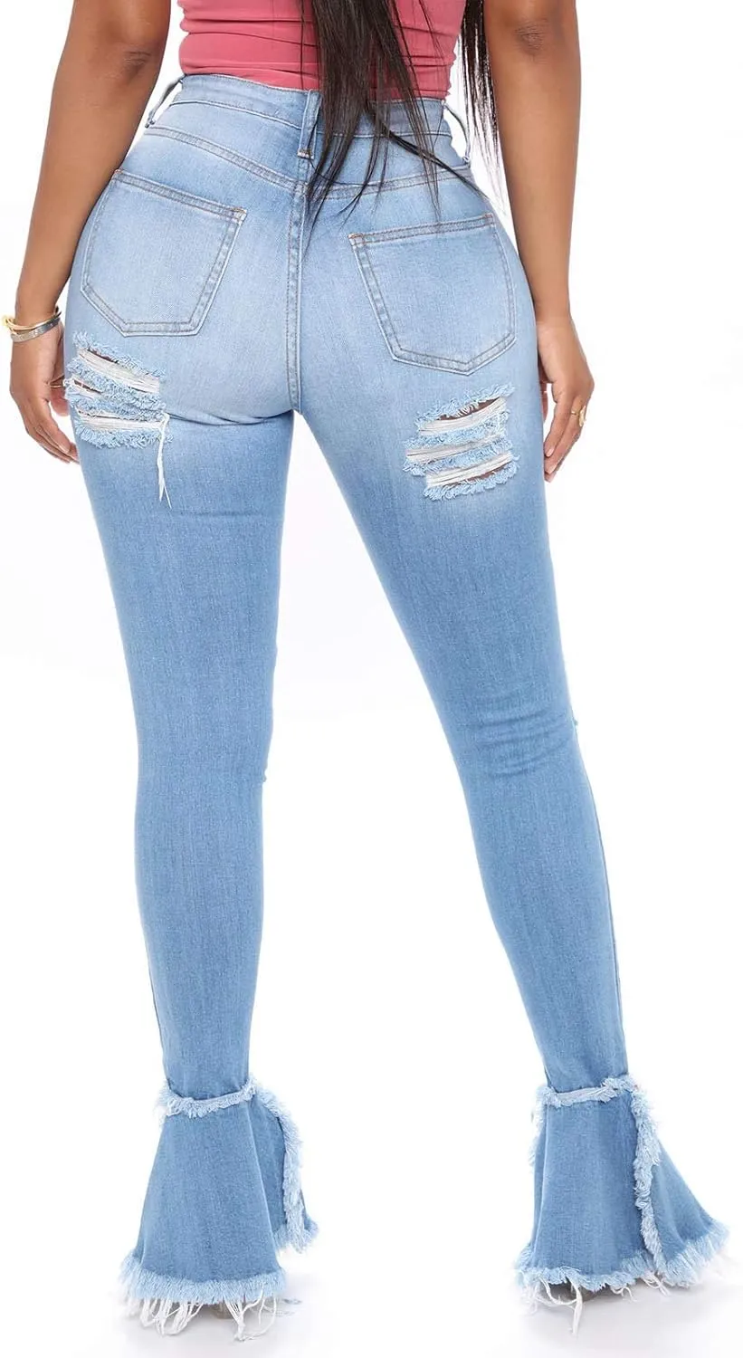 Women's Bell Bottom Jeans Destoryed Ripped Flare Jeans Elastic Waist Raw Hem Denim Pants