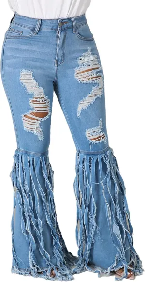 Women's Bell Bottom Jeans Destoryed Ripped Flare Jeans Elastic Waist Raw Hem Denim Pants