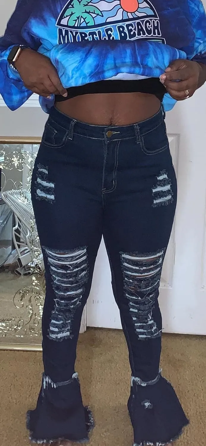 Women's Bell Bottom Jeans Destoryed Ripped Flare Jeans Elastic Waist Raw Hem Denim Pants