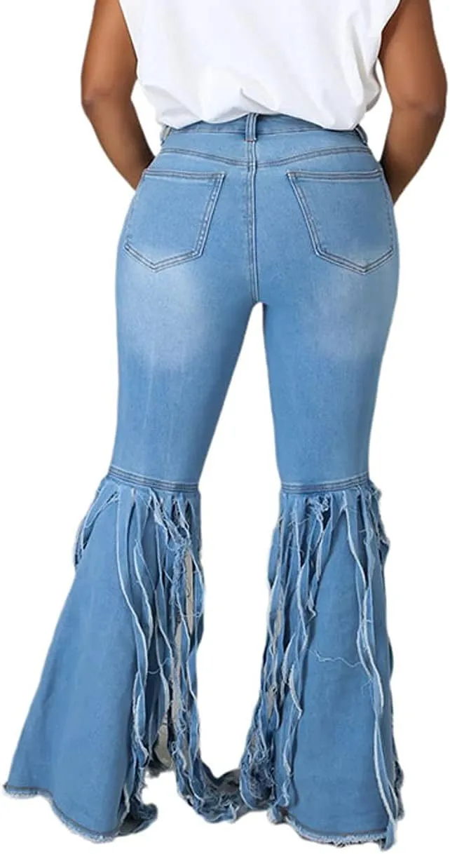 Women's Bell Bottom Jeans Destoryed Ripped Flare Jeans Elastic Waist Raw Hem Denim Pants