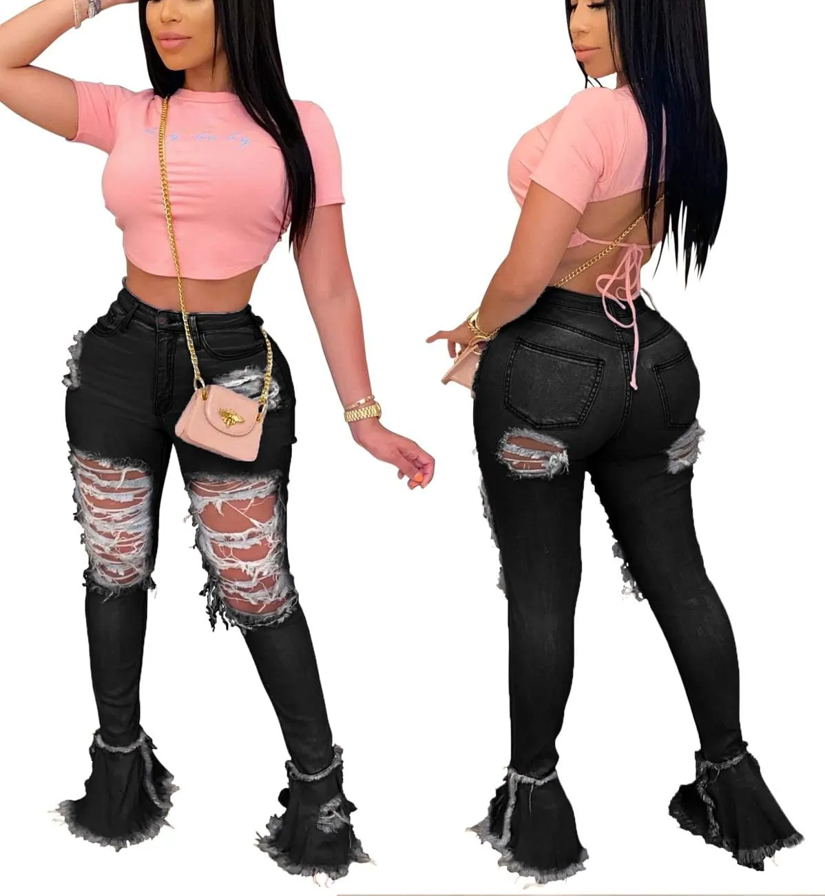 Women's Bell Bottom Jeans Destoryed Ripped Flare Jeans Elastic Waist Raw Hem Denim Pants