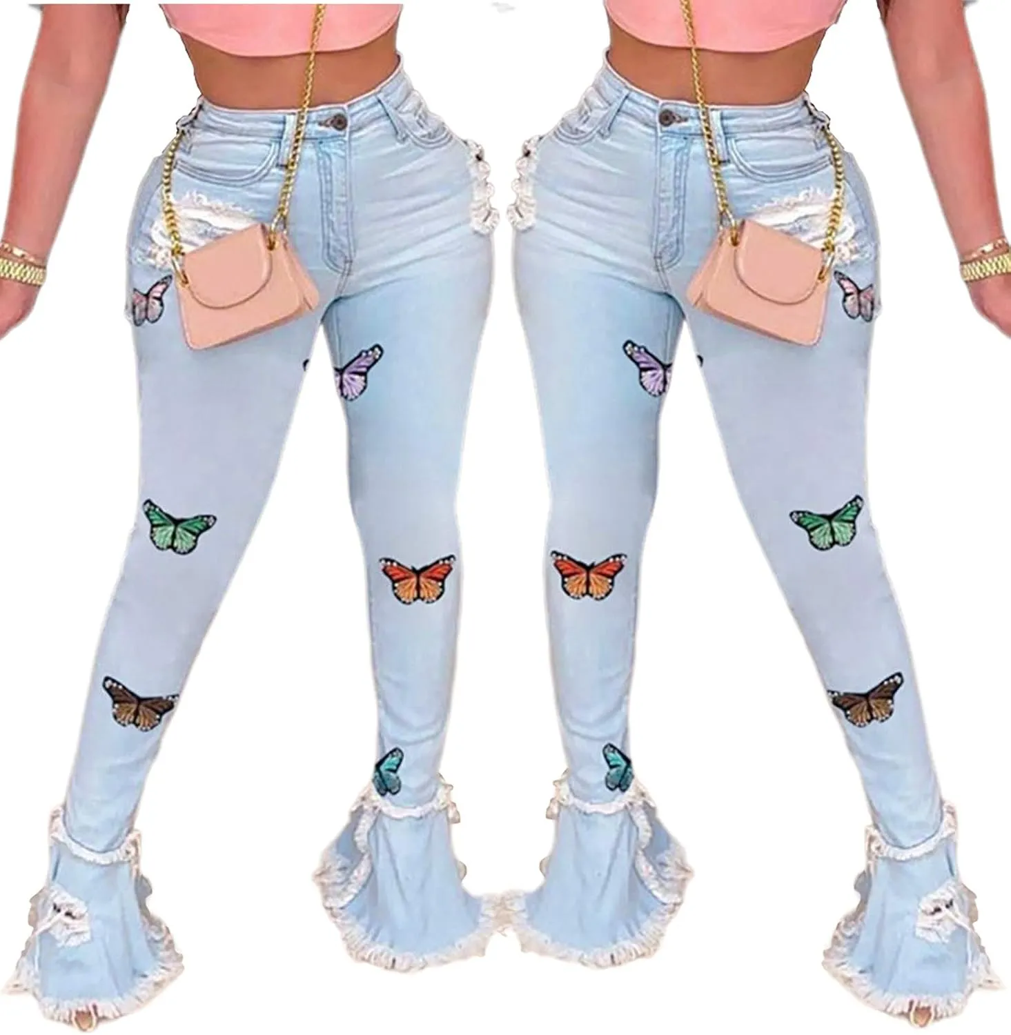 Women's Bell Bottom Jeans Destoryed Ripped Flare Jeans Elastic Waist Raw Hem Denim Pants