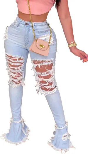 Women's Bell Bottom Jeans Destoryed Ripped Flare Jeans Elastic Waist Raw Hem Denim Pants
