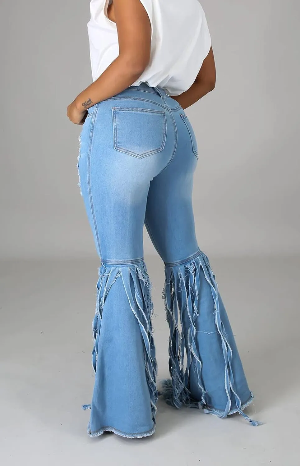 Women's Bell Bottom Jeans Destoryed Ripped Flare Jeans Elastic Waist Raw Hem Denim Pants
