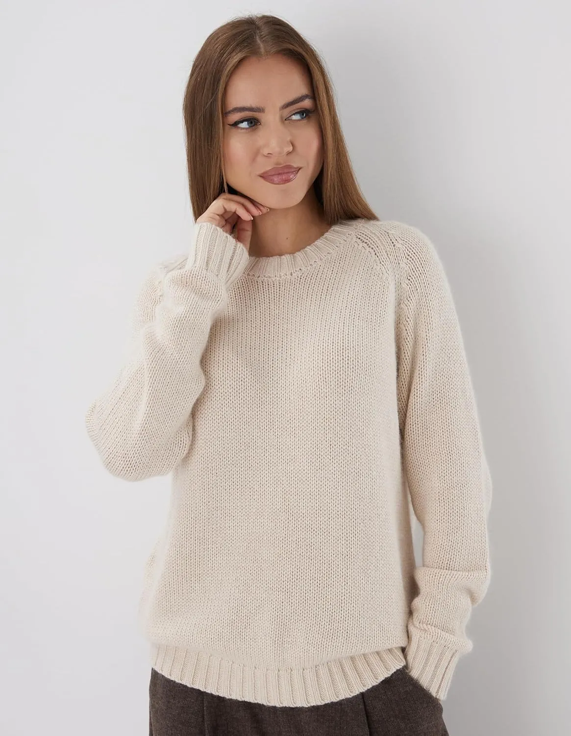 Womens Cashmere Sweater, Long Sleeve, Round Neck, Classic Soft Knit Lightweight Pullover Cream