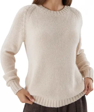 Womens Cashmere Sweater, Long Sleeve, Round Neck, Classic Soft Knit Lightweight Pullover Cream