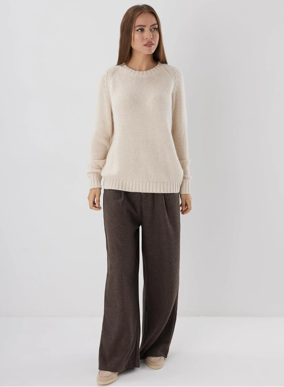 Womens Cashmere Sweater, Long Sleeve, Round Neck, Classic Soft Knit Lightweight Pullover Cream